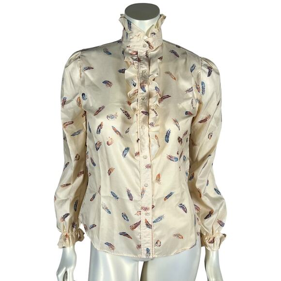 Vintage 90s Cream Feather Print Ruffle Victorian Style Blouse Size Small - Picture 8 of 8